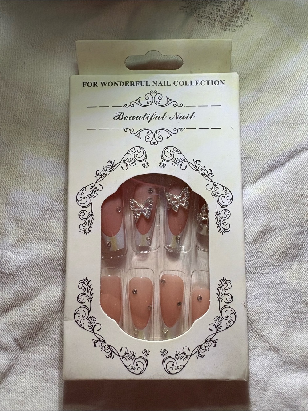 Nude French Tip Press On Nails w/ Rhinestone Butterfly Charms | 24 Pc